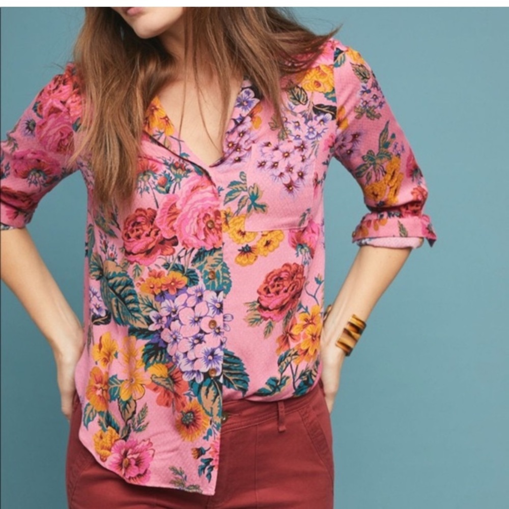 Anthropologie Maeve Pink Floral Button Down Top